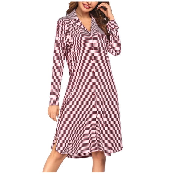 Oplxuo Women's Nightgown, Button Down Striped Split Hem Pajama Dress Long Sleeve Sleepwear Soft Loungewear