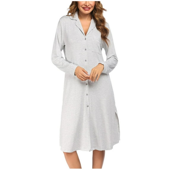 Oplxuo Women's Nightgown, Button Down Striped Split Hem Pajama Dress Long Sleeve Sleepwear Soft Loungewear