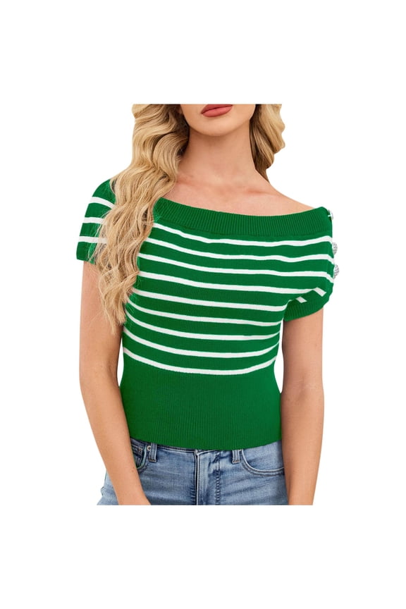 Women's Off Shoulder Striped Knit Tops Short Sleeve Side Button Cropped Blouses Casual Slim Fit Color Block Shirts