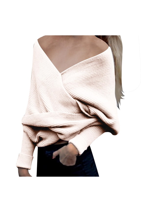 Women's Off Shoulder Wrap V Neck Cropped Sweaters Shawl, Sexy Fall Winter Long Sleeve Cross Front Knitted Pullovers
