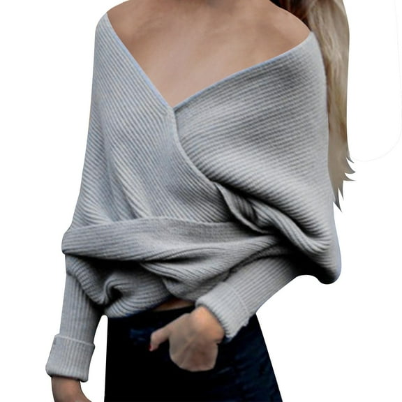 Oplxuo Women's Off Shoulder Wrap V Neck Cropped Sweaters Shawl, Sexy Fall Winter Long Sleeve Cross Front Knitted Pullovers