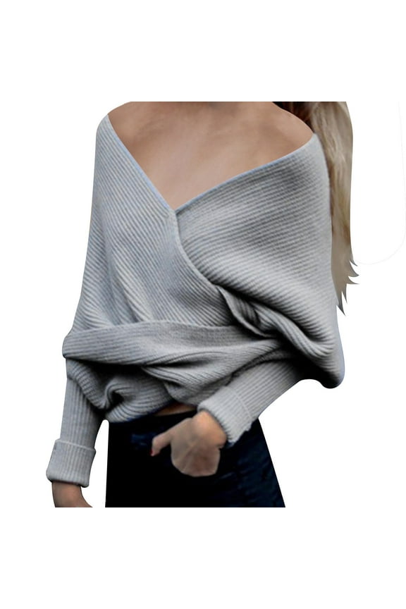 Women's Off Shoulder Wrap V Neck Cropped Sweaters Shawl, Sexy Fall Winter Long Sleeve Cross Front Knitted Pullovers