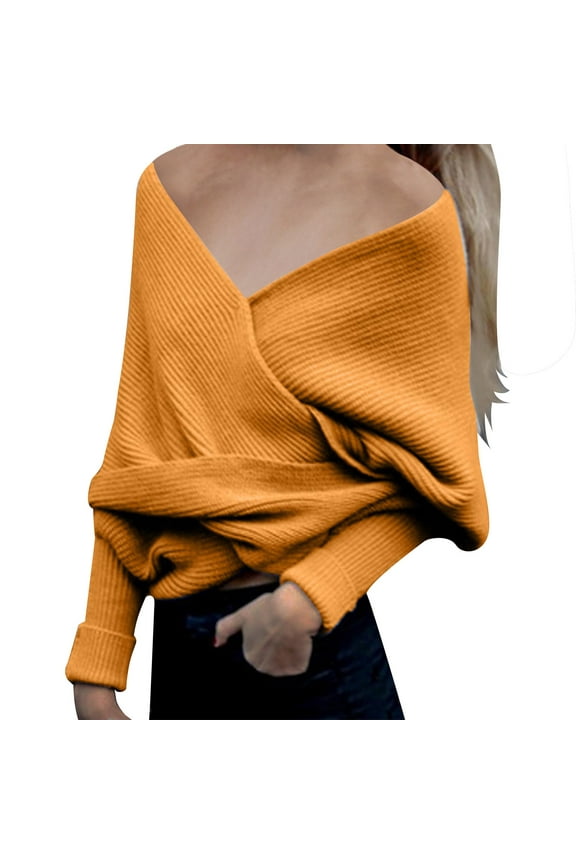 Women's Off Shoulder Wrap V Neck Cropped Sweaters Shawl, Sexy Fall Winter Long Sleeve Cross Front Knitted Pullovers