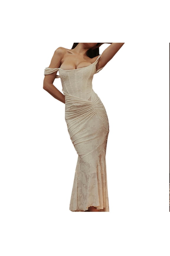 Women's Off The Shoulder Sexy Floral Lace Maxi Dress Elegant Corset Ruched Bodycon Formal Wedding Guest Dresses