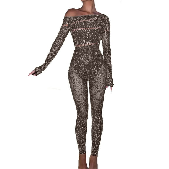 Oplxuo Women's One Piece Jumpsuit Long Sleeve off the Shoulder Sparkly Rhinestone Hollow Out Full Body Mesh Bodysuit Lingerie