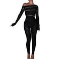 thumbnail image 1 of Oplxuo Women's One Piece Jumpsuit Long Sleeve off the Shoulder Sparkly Rhinestone Hollow Out Full Body Mesh Bodysuit Lingerie, 1 of 2