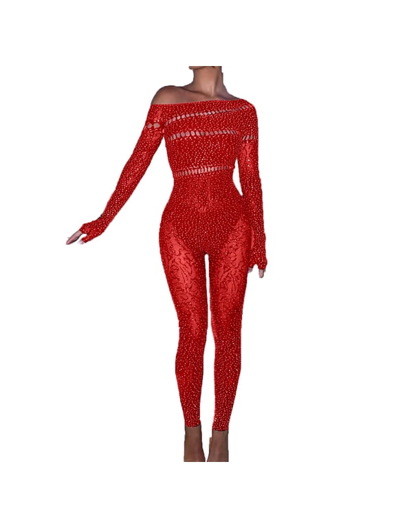 Women's One Piece Jumpsuit Long Sleeve off the Shoulder Sparkly Rhinestone Hollow Out Full Body Mesh Bodysuit Lingerie