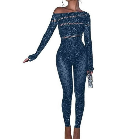 Oplxuo Women's One Piece Jumpsuit Long Sleeve off the Shoulder Sparkly Rhinestone Hollow Out Full Body Mesh Bodysuit Lingerie