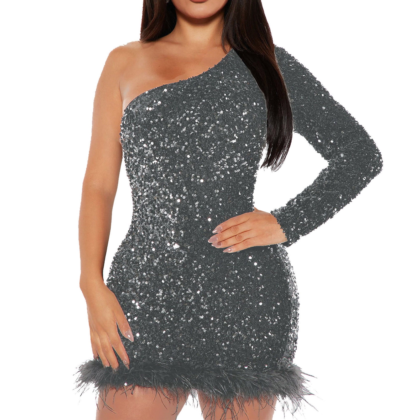 Oplxuo Women's One Shoulder Sequin Feather Hem Dresses Long Sleeve Sexy Glitter Bodycon Mini Cocktail Party Club Dress Oplxuo Women's One Shoulder Sequin Feather Hem Dresses Long Sleeve Sexy Glitter Bodycon Mini Cocktail Party Club Dress