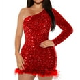 thumbnail image 1 of Oplxuo Women's One Shoulder Sequin Feather Hem Dresses Long Sleeve Sexy Glitter Bodycon Mini Cocktail Party Club Dress, 1 of 4