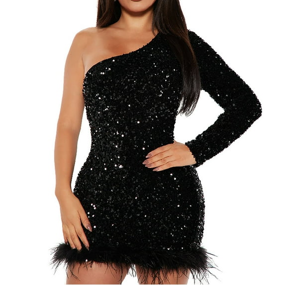 Oplxuo Women's One Shoulder Sequin Feather Hem Dresses Long Sleeve Sexy Glitter Bodycon Mini Cocktail Party Club Dress