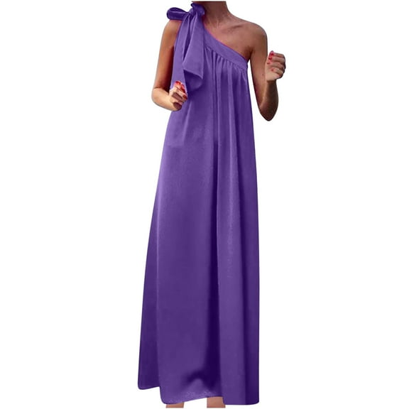Oplxuo Women's One Shoulder Vacation Dresses Elegant Tie Shoulder Sleeveless Loose A Line Flowy Bohemian Maxi Dress