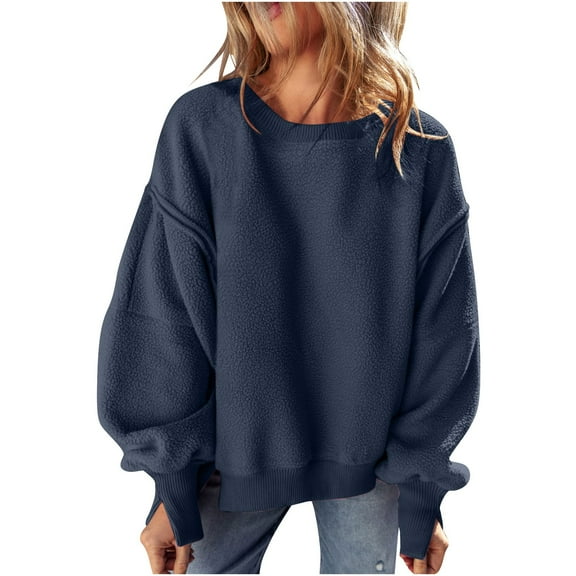 Oplxuo Women's Oversized Fleece Lined Sweatshirt, Loose Crewneck Lantern Long Sleeve Pullover Drop Shoulder Tunic Tops