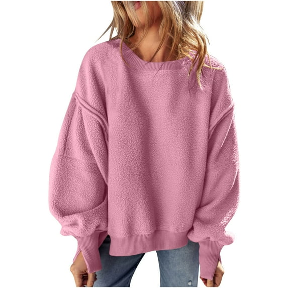 Oplxuo Women's Oversized Fleece Lined Sweatshirt, Loose Crewneck Lantern Long Sleeve Pullover Drop Shoulder Tunic Tops