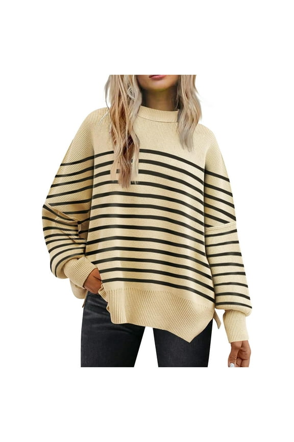 Women's Oversized Split Side Striped Knitted Sweaters, Pullover Crewneck Long Sleeve Casual Drop Shoulder Jumper Tops