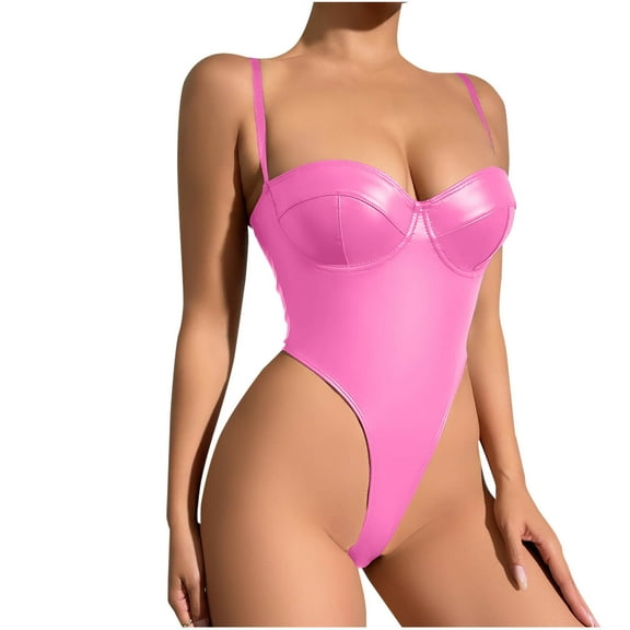 Oplxuo Women's PU Patent Leather Corset Lingerie Sexy Underwire Bodysuits Exotic Onesie Babydoll Nighty Boudoir Outfits