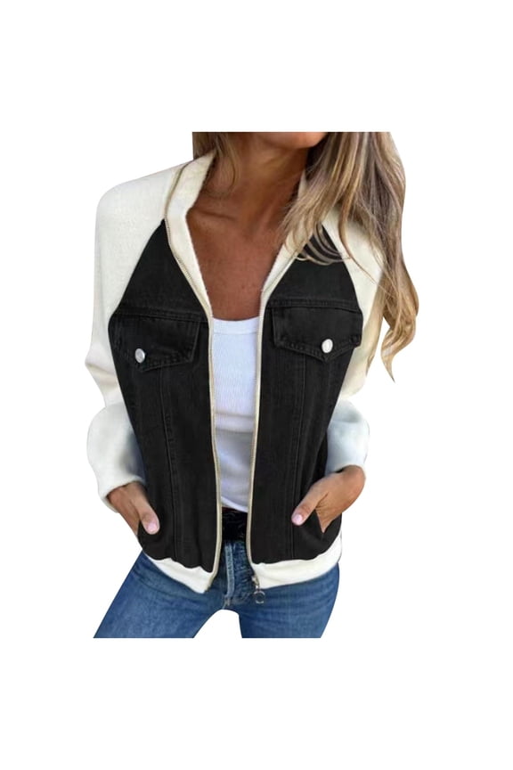 Women's Patchwork Denim Jean Jacket Chic Colorblock Raglan Long Sleeve Full Zip Casual Outerwear with Pockets