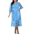 thumbnail image 1 of Oplxuo Women's Plus Size Lace Wedding Guest Dress, Elegant 3/4 Puff Sleeve Belted Formal Cocktail Party Midi Dresses, 1 of 6
