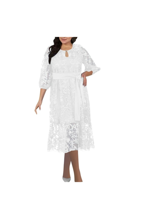Women's Plus Size Lace Wedding Guest Dress, Elegant 3/4 Puff Sleeve Belted Formal Cocktail Party Midi Dresses