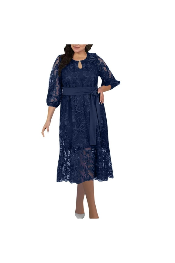 Women's Plus Size Lace Wedding Guest Dress, Elegant 3/4 Puff Sleeve Belted Formal Cocktail Party Midi Dresses