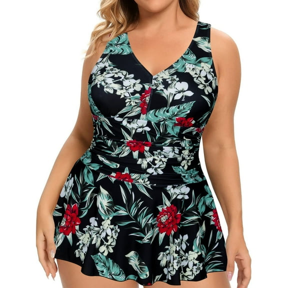 Oplxuo Women's Plus Size One Piece Swimsuits Tummy Control Sexy Ruched Bathing Suit Full Coverage Swimwear with Skirt