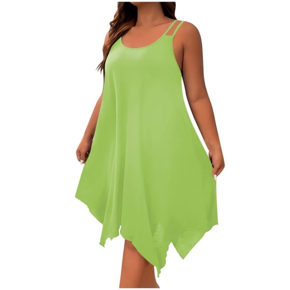 Oplxuo Women's Plus Size Scoop Neck Sleeveless Asymmetrical Hem Flowy Midi Cami Dress
