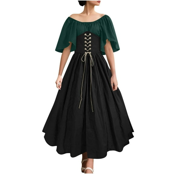 Oplxuo Women's Plus Size Victorian Dress Flare Sleeve Off Shoulder Medieval Dresses with Corset Patchwork Ball Gown