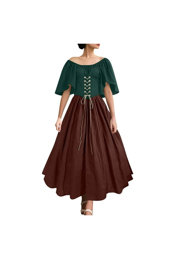 Women's Plus Size Victorian Dress Flare Sleeve Off Shoulder Medieval Dresses with Corset Patchwork Ball Gown