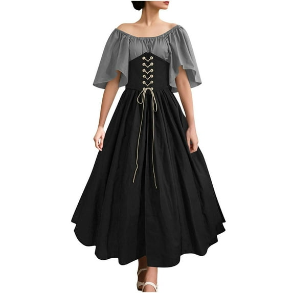 Oplxuo Women's Plus Size Victorian Dress Flare Sleeve Off Shoulder Medieval Dresses with Corset Patchwork Ball Gown