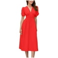 thumbnail image 1 of Oplxuo Women's Puff Sleeve V Neck Vintage Party Dress - Pleated Elegant High Waisted Wedding Guests Midi Dresses, 1 of 4
