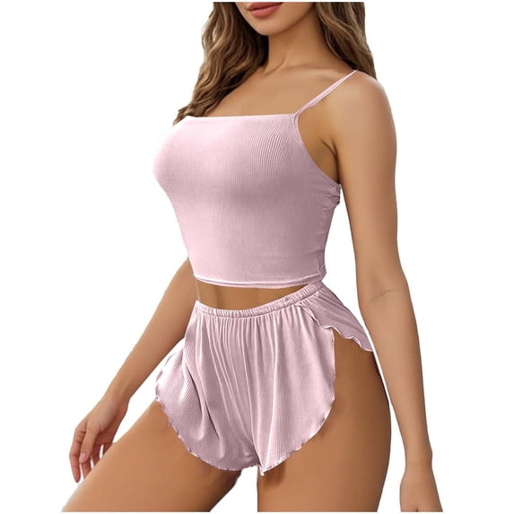 Oplxuo Women's Ribbed Cami Pajamas Set, Spaghetti Strap Sexy Crop Tank Top Split Shorts 2 Piece Pjs Summer Lounge Sleepwear