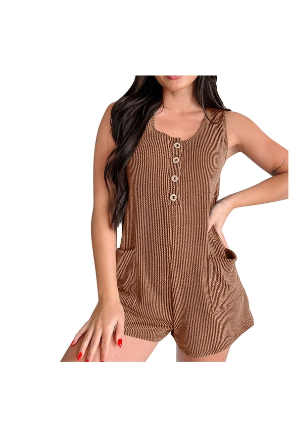 Women's Ribbed Knit Rompers Loose Button Up Sleeveless Summer Henley Tank Tops Jumpsuit with Pockets