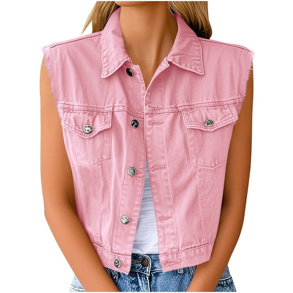 Oplxuo Women's Ripped Lapel Collar Button Up Sleeveless Frayed Denim Vest Jacket