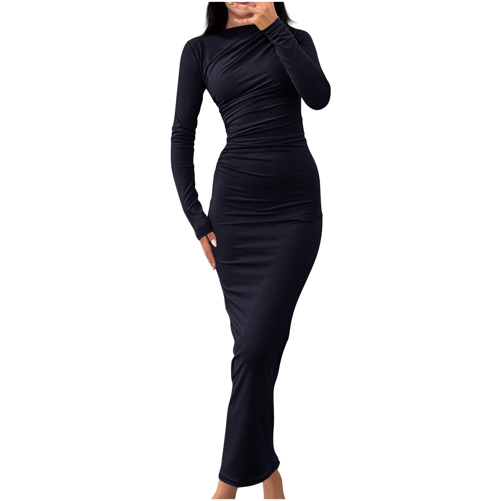 monochrome bodycon dress Oplxuo Women's Ruched Long Sleeve Elegant Slim Fit Party Cocktail Formal Fall Wedding Guest Maxi Dresses, Size: Small, Gray My Actual Bust is:64