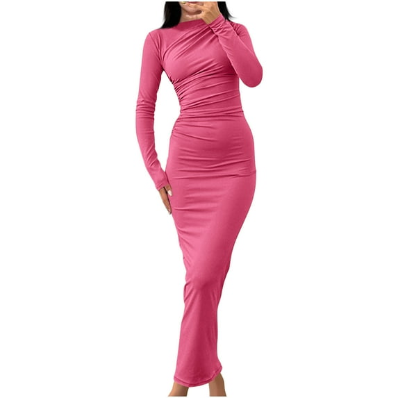 Oplxuo Women's Ruched Long Sleeve Bodycon Dress Elegant Slim Fit Party Cocktail Formal Fall Wedding Guest Maxi Dresses