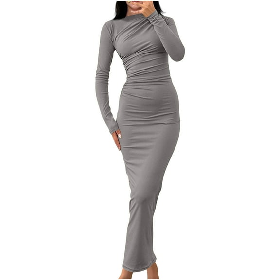 Oplxuo Women's Ruched Long Sleeve Bodycon Dress Elegant Slim Fit Party Cocktail Formal Fall Wedding Guest Maxi Dresses
