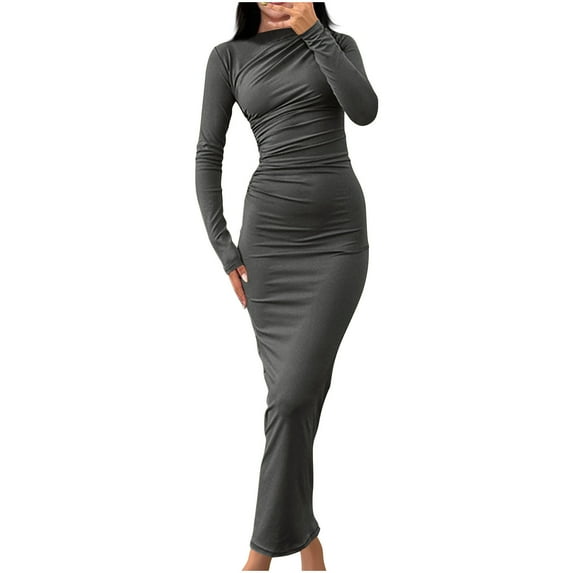 Oplxuo Women's Ruched Long Sleeve Bodycon Dress Elegant Slim Fit Party Cocktail Formal Fall Wedding Guest Maxi Dresses