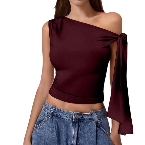 Oplxuo Women's Ruched One Off The Shoulder Tank Tops Asymmetrical Neck Tie Shoulder Going Out Top
