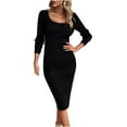 thumbnail image 1 of Oplxuo Women's Scoop Neck Bodycon Sweater Dress Long Sleeve Elegant Fall Knitted Pullover Midi Pencil Dresses, 1 of 2