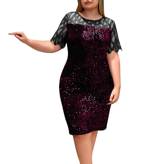 Oplxuo Women's Sequin Bodycon Cocktail Party Dress Elegant Short Sleeve Going Out Sparkly Mother of The Bride Midi Dresses