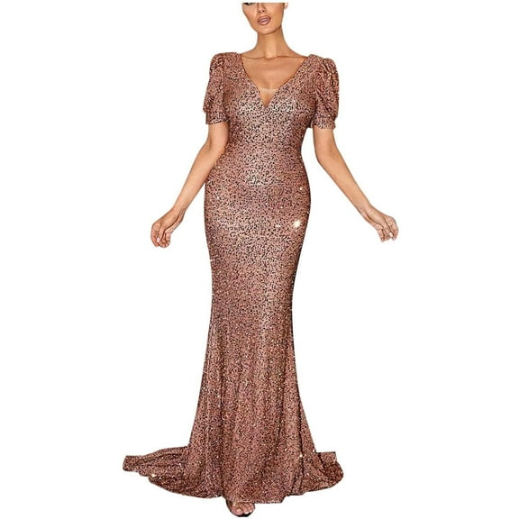 Oplxuo Women's Sequins Formal Evening Dress, Elegant Puff Sleeve Sparkly Mermaid Maxi Gown Gatsby Party Dresses