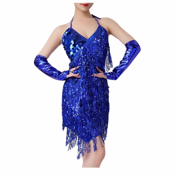 Oplxuo Women's Sequins Fringe Latin Dance Costumes Gatsby Cocktail Party Flapper Dress Sexy Tango Ballroom Rumba Outfits