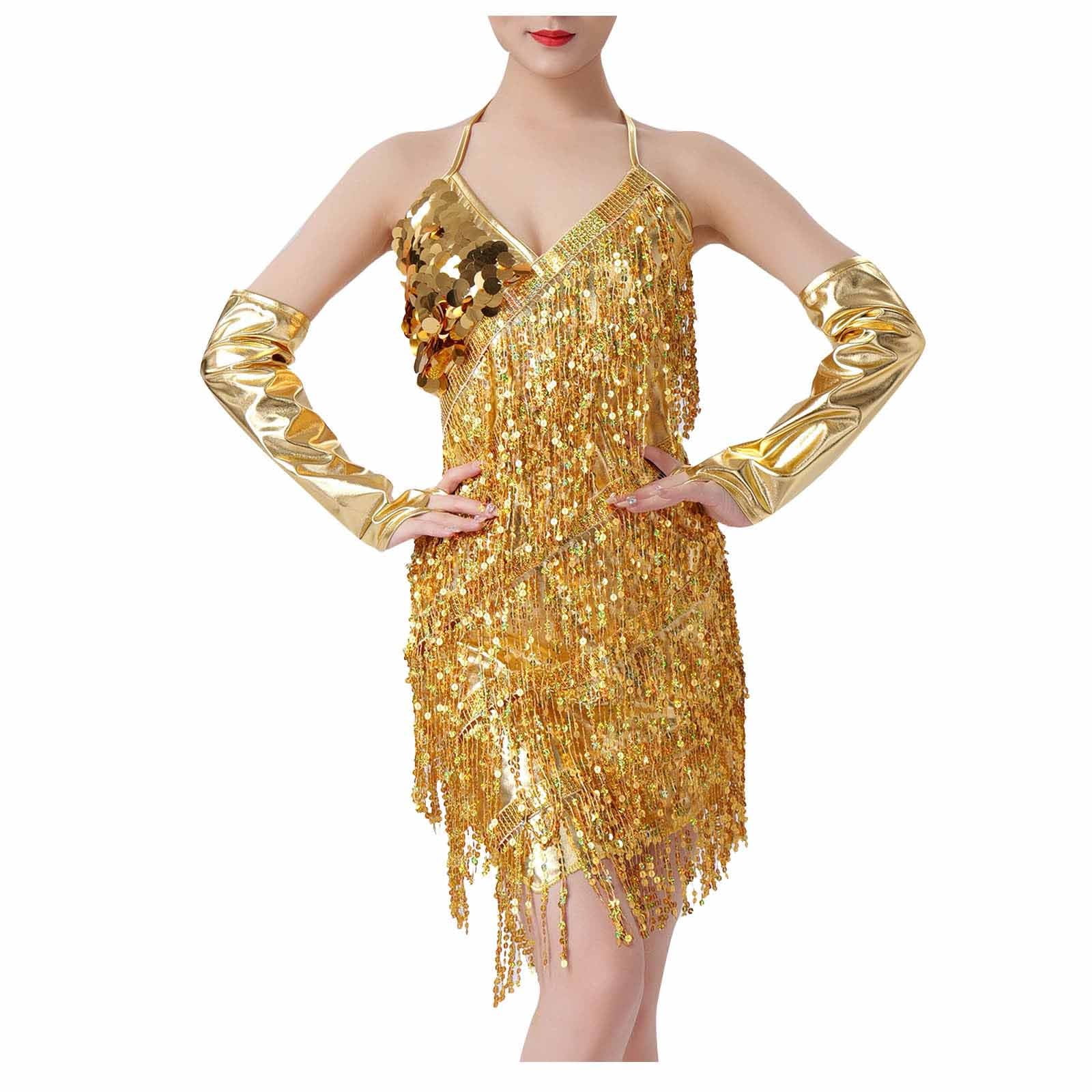 Oplxuo Women's Sequins Fringe Latin Dance Costumes Gatsby Cocktail ...