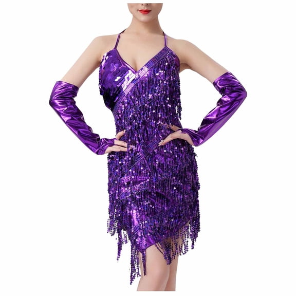 Oplxuo Women's Sequins Fringe Latin Dance Costumes Gatsby Cocktail Party Flapper Dress Sexy Tango Ballroom Rumba Outfits