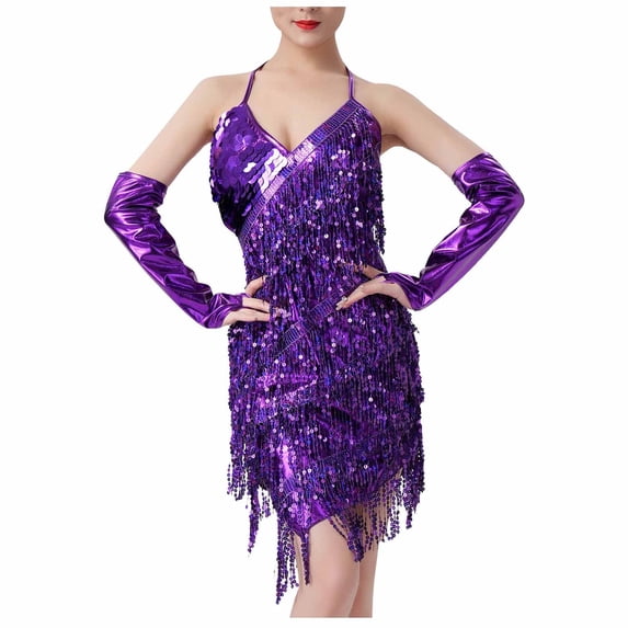 Oplxuo Women's Sequins Fringe Latin Dance Costumes Gatsby Cocktail Party Flapper Dress Sexy Tango Ballroom Rumba Outfits