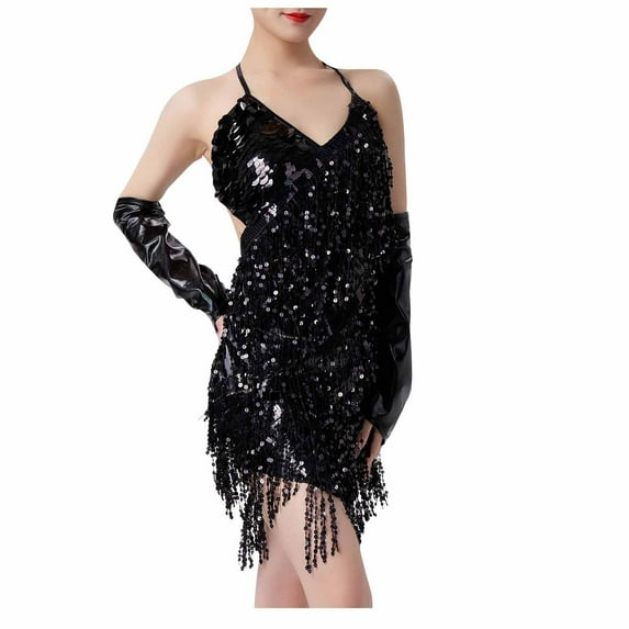 Oplxuo Women's Sequins Fringe Latin Dance Costumes Gatsby Cocktail Party Flapper Dress Sexy Tango Ballroom Rumba Outfits