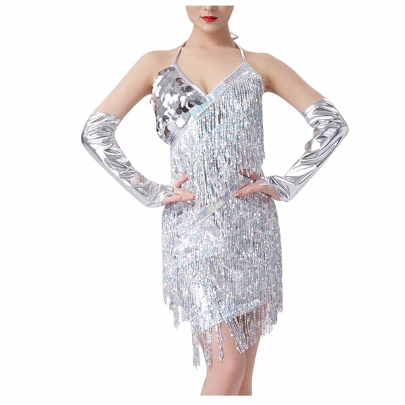 Oplxuo Women's Sequins Fringe Latin Dance Costumes Gatsby Cocktail Party Flapper Dress Sexy Tango Ballroom Rumba Outfits