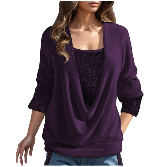 Oplxuo Women's Sequins Patchwork Cowl Drop Front Blouses, Dressy Casual Drawstring Hem Long Sleeve Party Tops