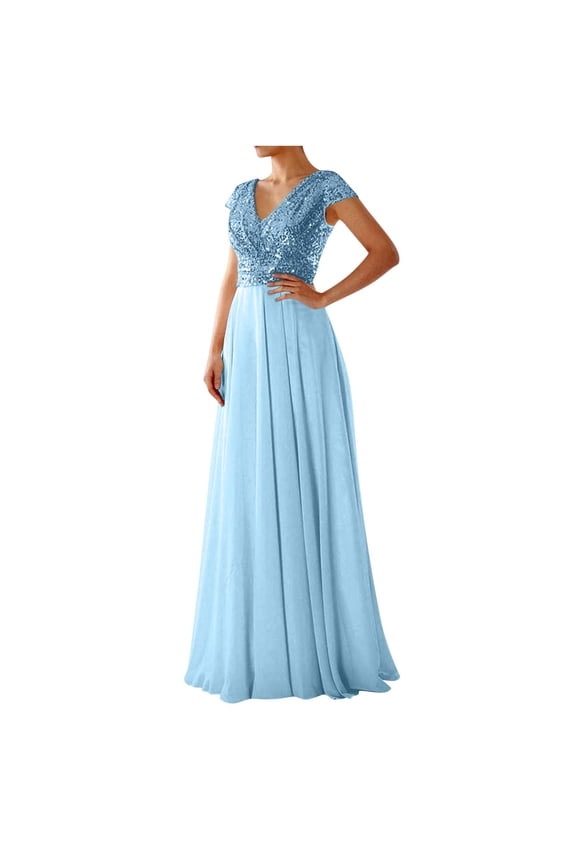 Women's Sequins Patchwork Tulle Maxi Dress, Cap Sleeve Elegant Empire Waist Swing Cocktail Party Evening Dresses