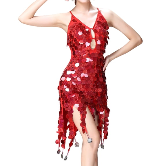 Oplxuo Women's Sequins Tassel Dance Costume 1920s Flapper Cocktail Party Dresses Rumba Latin Ballroom Salsa Outfits